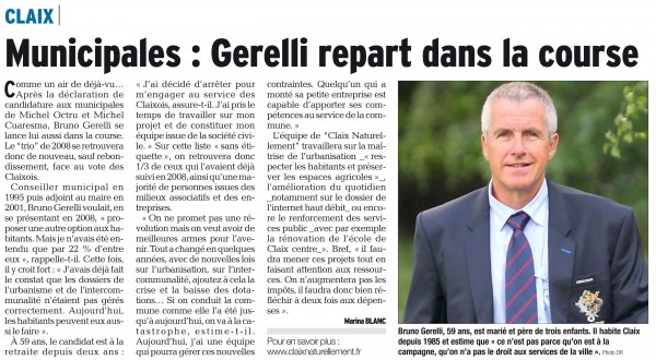 Déclaration de candidature de Bruno Gerelli aux municipales de 2014 à Claix